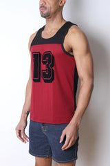 Starter mesh tank top in red and black textured knit fabric with bold 13 numerals across the chest