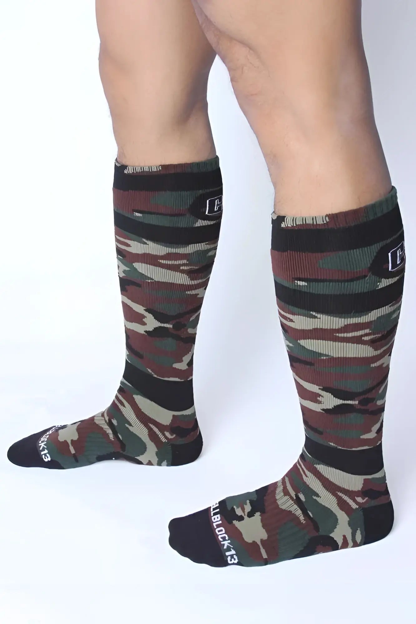 CellBlock 13 foxhole socks green camouflage knee-high socks with black ribbed cuffs and toe caps size one size