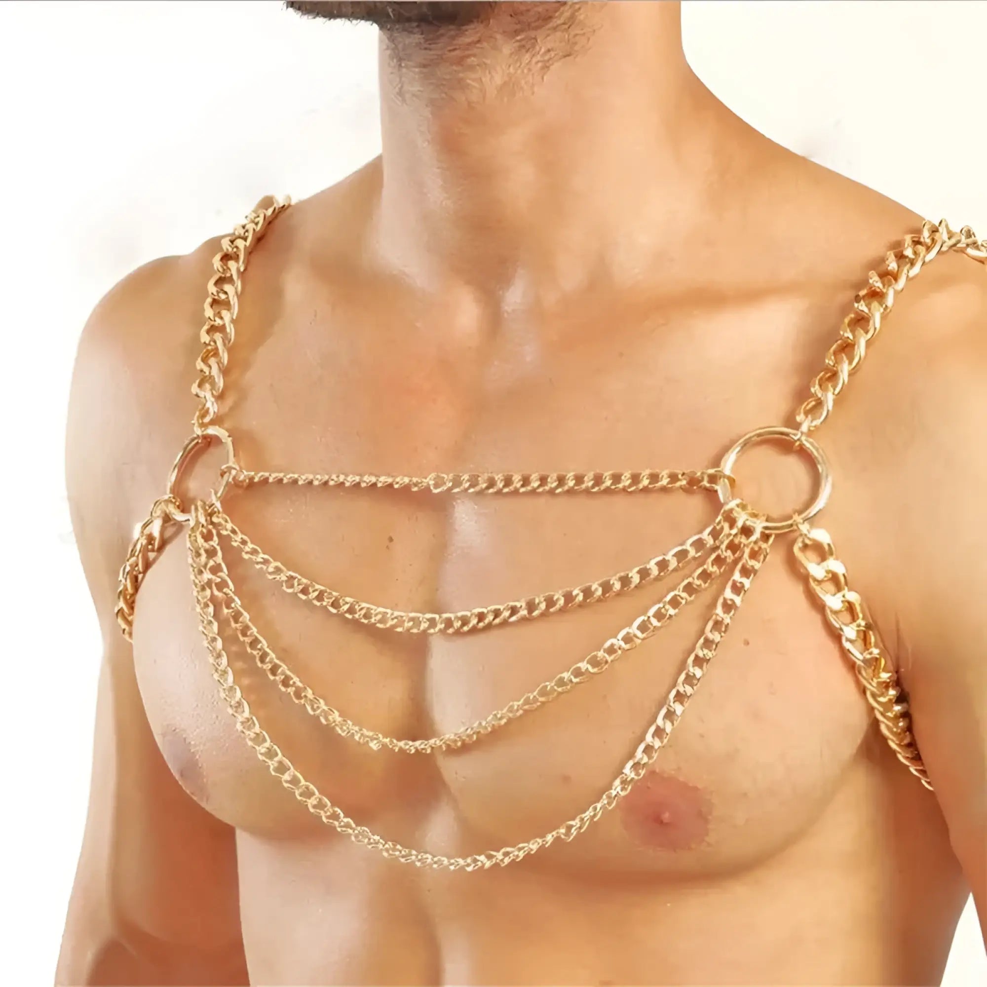 Gold-colored thick chain harness with layered chains and circular rings for body accessory use