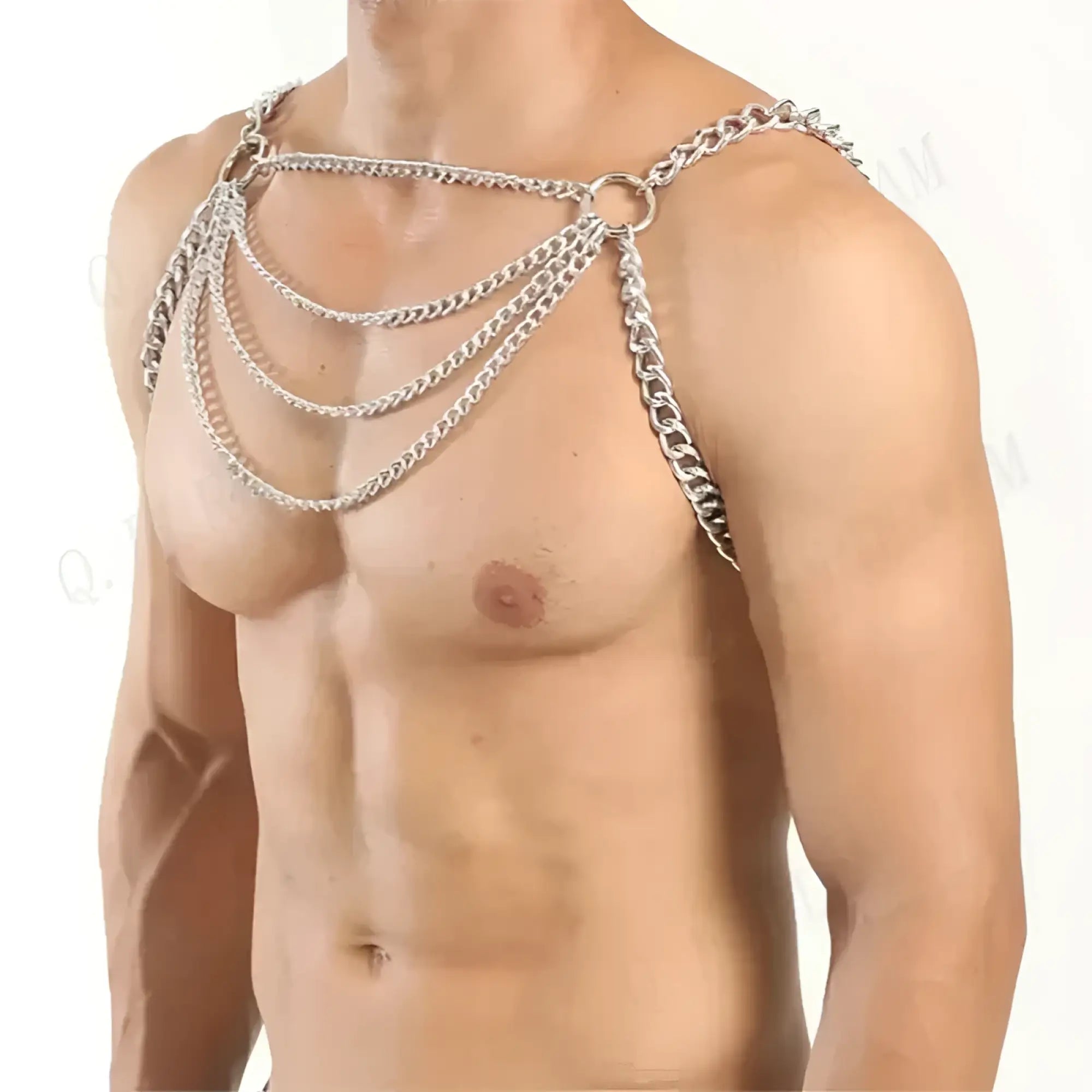 Silver-toned multi-layered chain harness with bold industrial design for edgy fashion statement