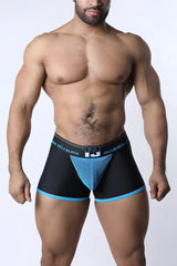 Black and blue chain reaction jock trunk men’s briefs with mesh panel designed for support and breathability