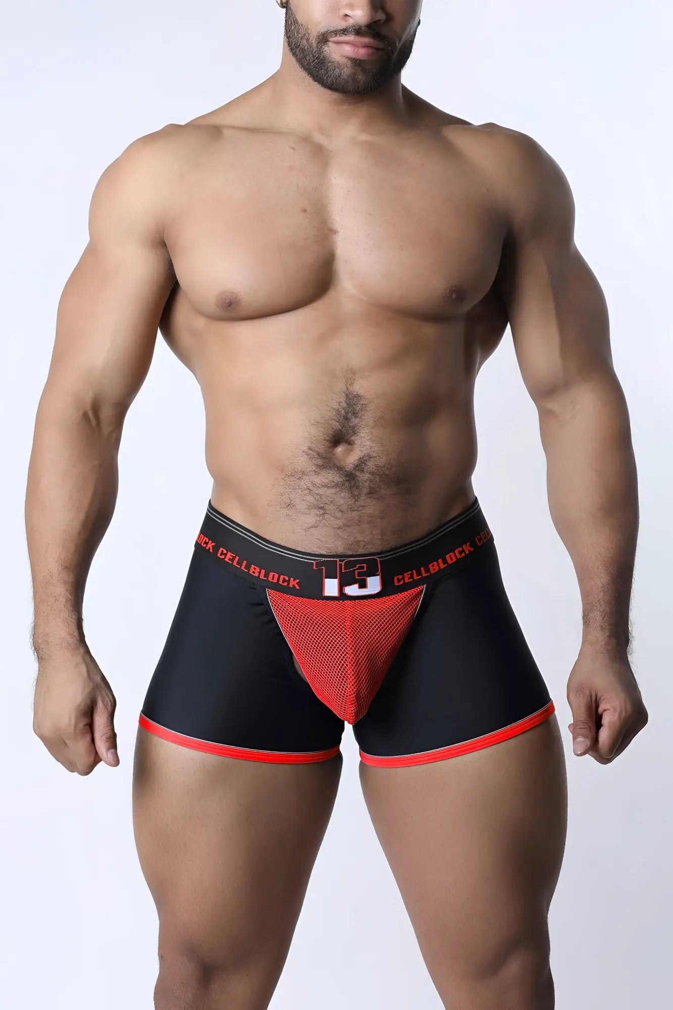 Black and red chain reaction jock trunk briefs with mesh panel for breathability and support