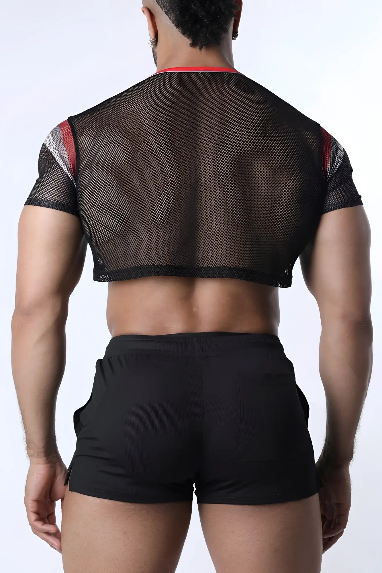Black mesh crop top chain reaction with red and gray striped shoulder accents for stylish casual wear