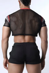 Black mesh crop top chain reaction with red and gray striped shoulder accents for stylish casual wear