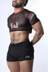 Chain reaction mesh crop top is a black mesh shirt with red and gray accents and a bold 13 graphic on the front