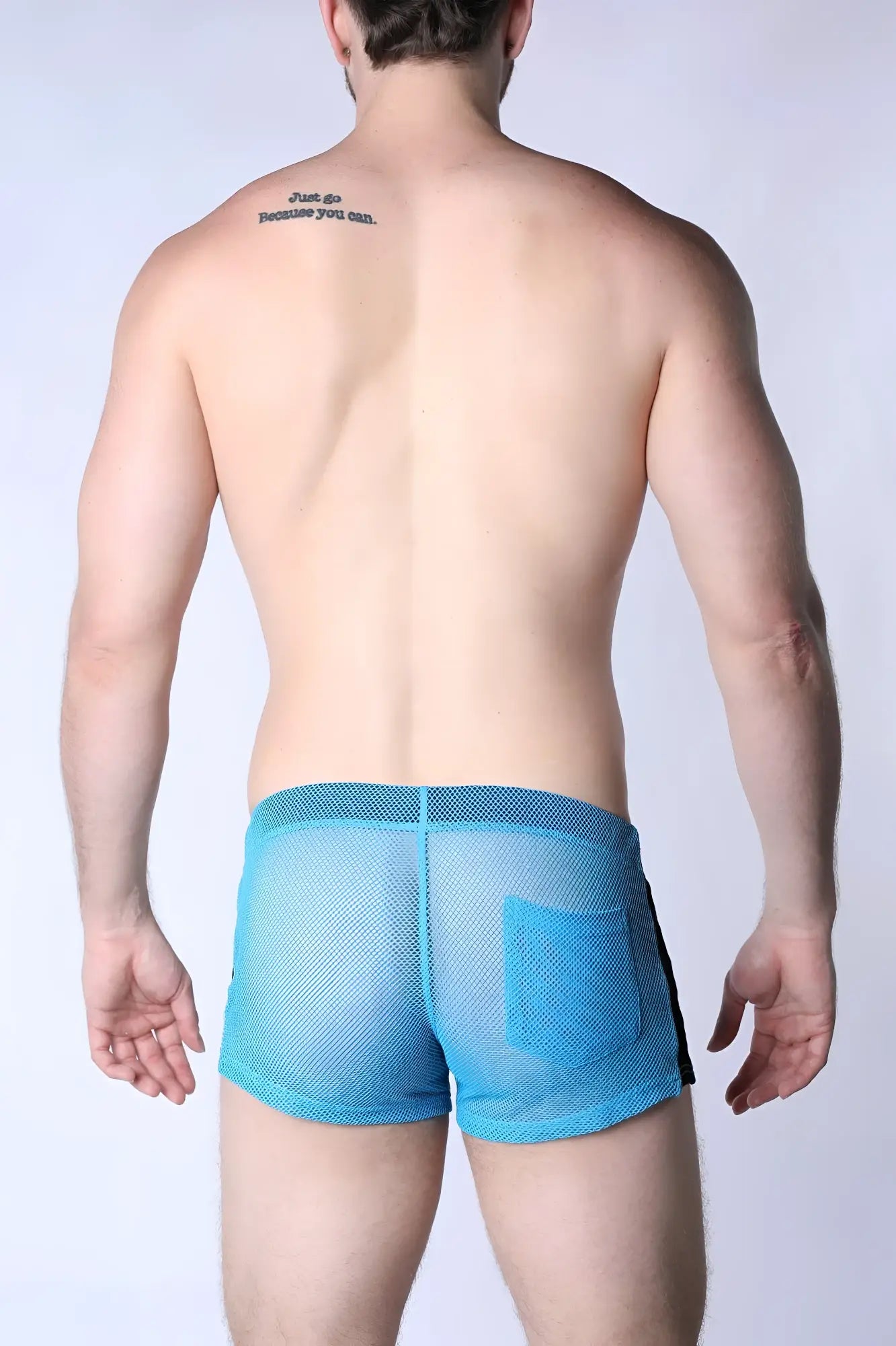 Blue mesh briefs chain reaction mesh short with solid blue waistband and black side trim