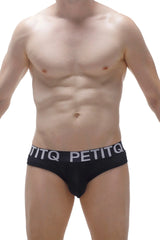 Black mesh cheeky briefs with white petitq logo band in bee black color, front view