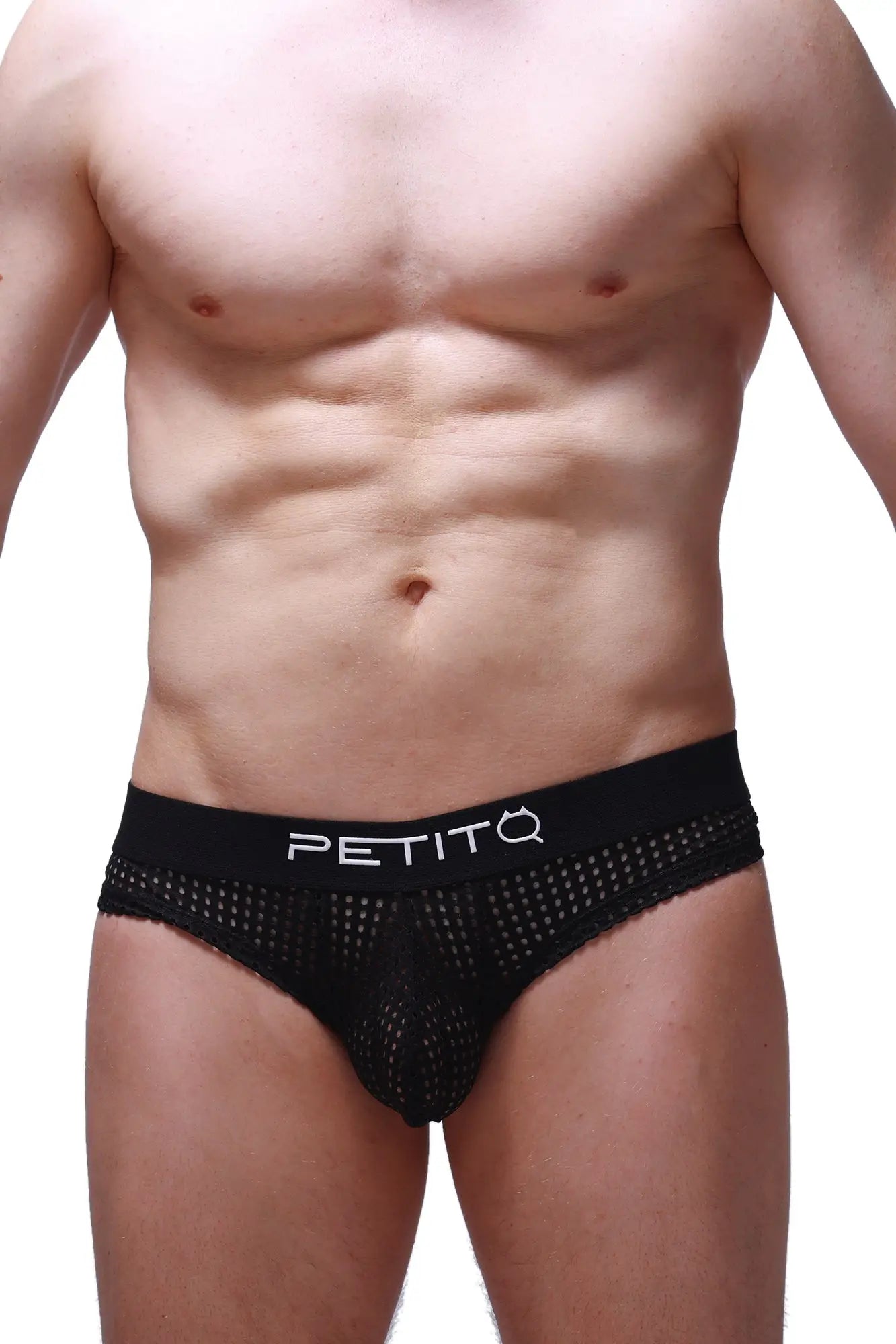 Black mesh cheeky brief durtol black with a solid waistband featuring the petitq logo in white lettering