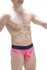 Bright pink satin cheeky brief fuchsia with a contrasting navy blue waistband for comfortable stylish wear