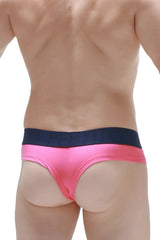 Bright pink satin cheeky brief fuchsia with a contrasting navy blue waistband for a stylish fit