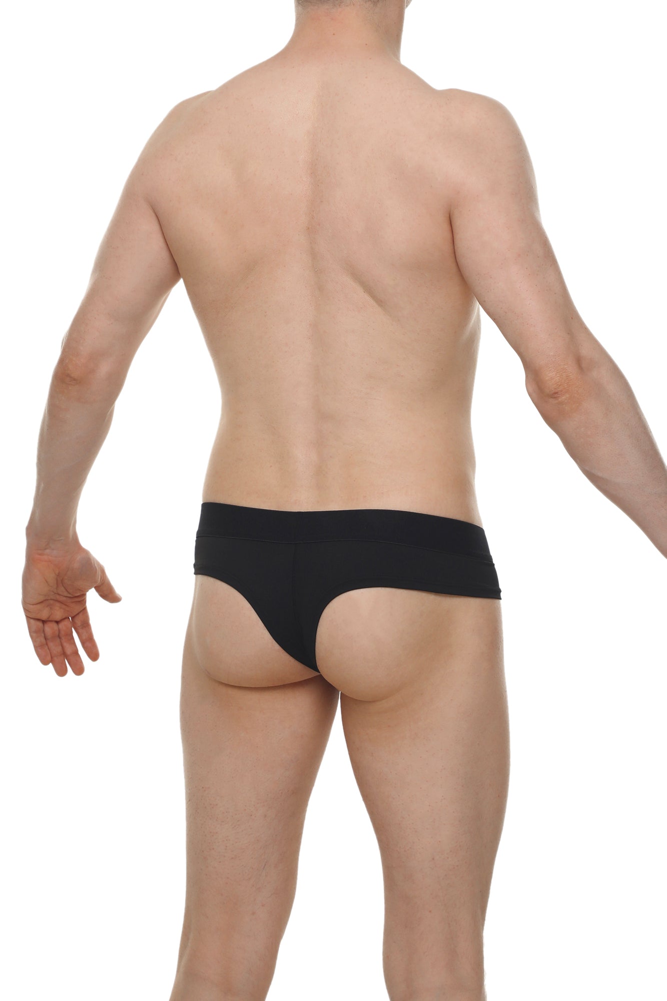 Black cheeky brief skine in smooth seamless fabric with a form-fitting design shown from the back side