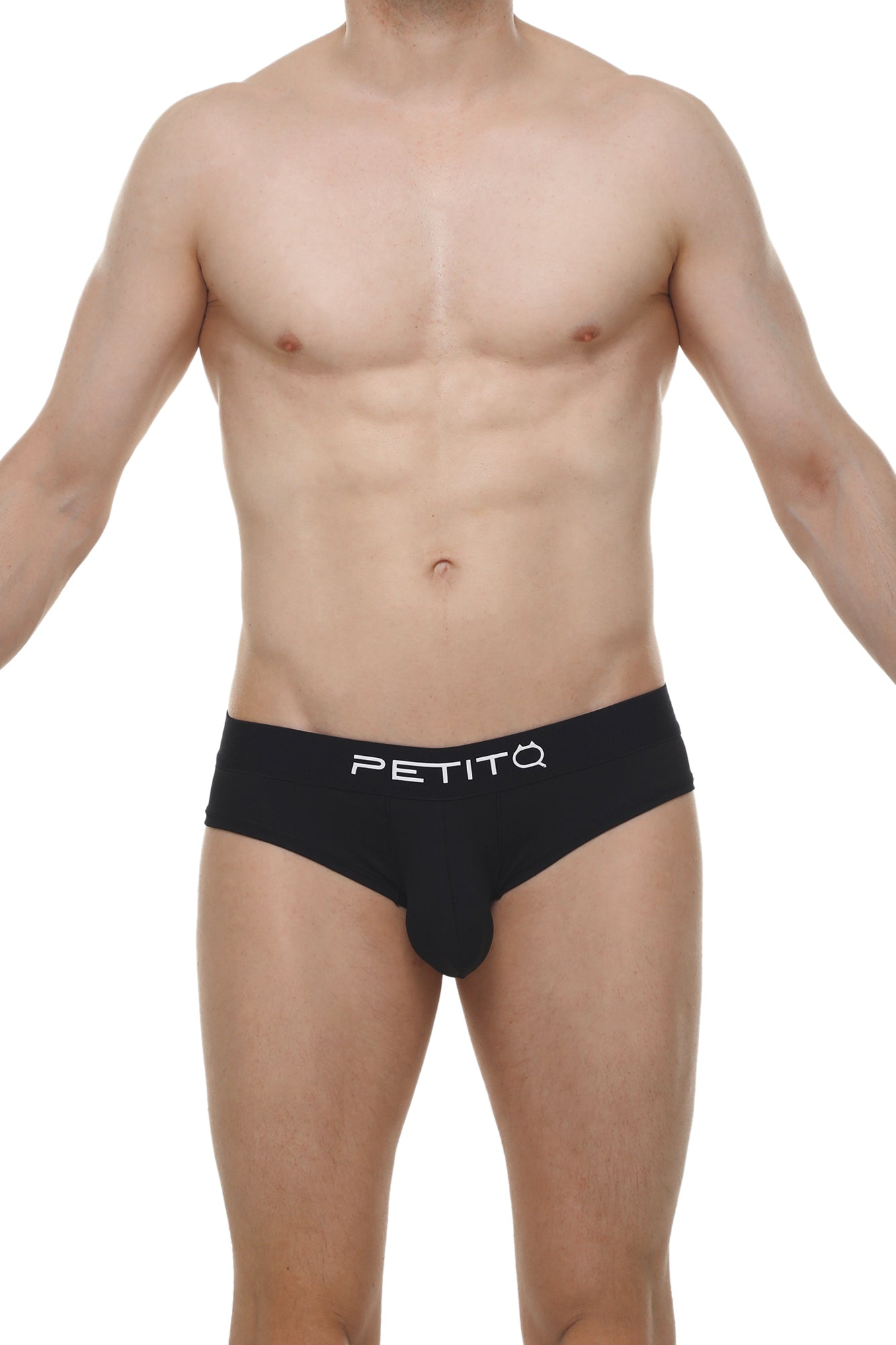 Black petitq men’s cheeky briefs with sleek form-fitting design and white logo branding in skine fabric