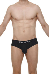 Black petitq men’s cheeky briefs with sleek form-fitting design and white logo branding in skine fabric