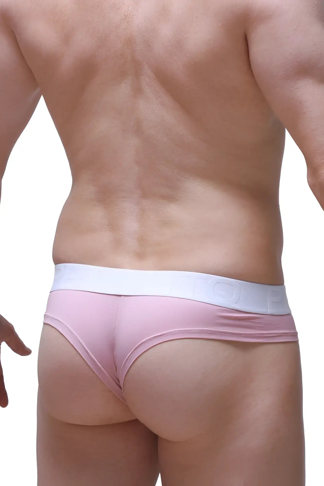 Pink cheeky brief thong with white elastic waistband in tea rose color for comfortable everyday wear