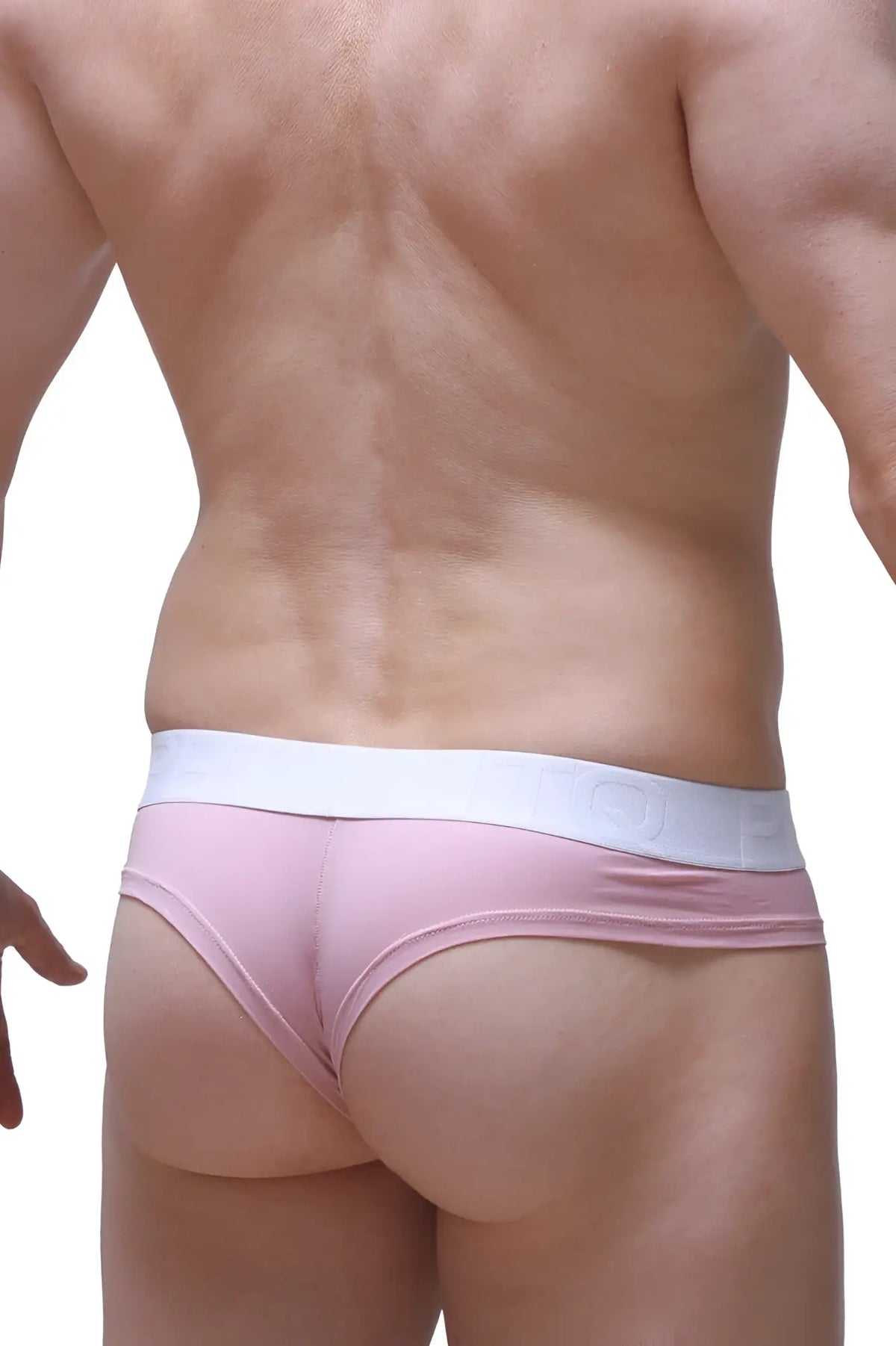 Pink cheeky brief thong with white elastic waistband in tea rose color for comfortable everyday wear