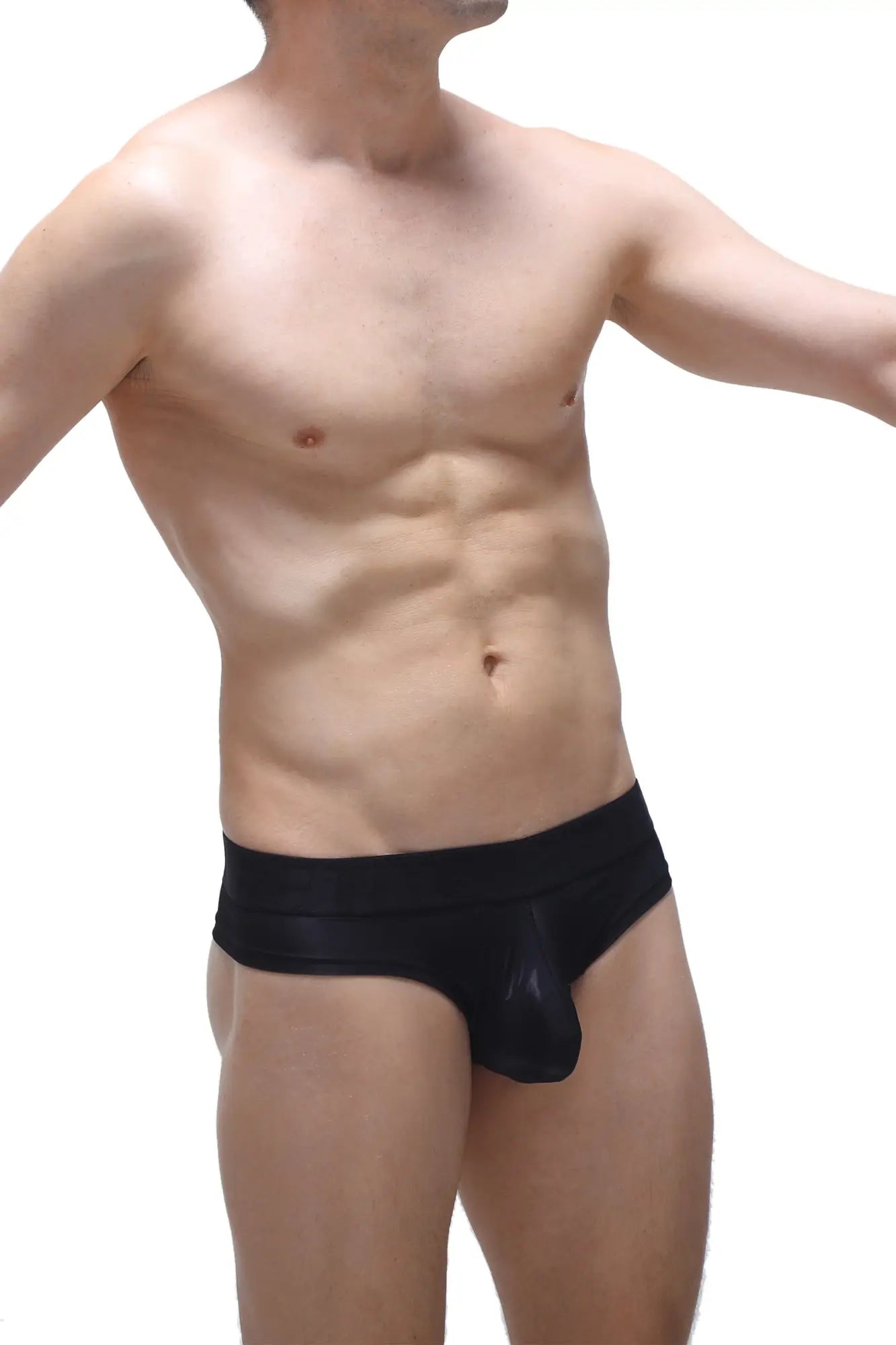 Black men’s cheeky brief voile with a smooth form-fitting design in black voile fabric front view