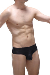 Black men’s cheeky brief voile with a smooth form-fitting design in black voile fabric front view