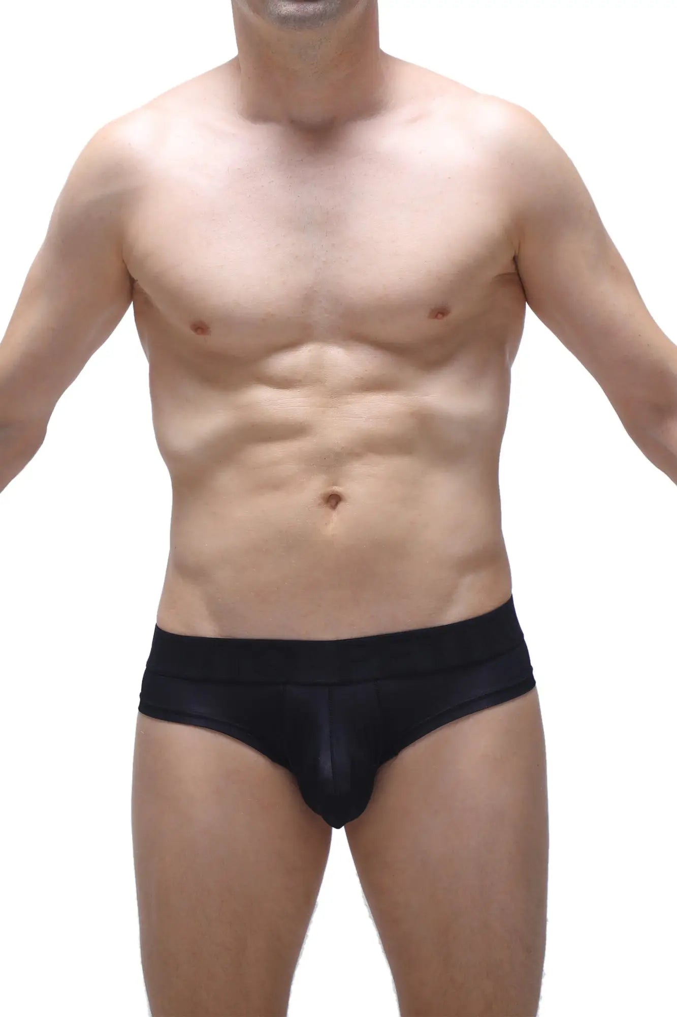 Black cheeky brief voile with a smooth glossy finish made from lightweight breathable fabric for men