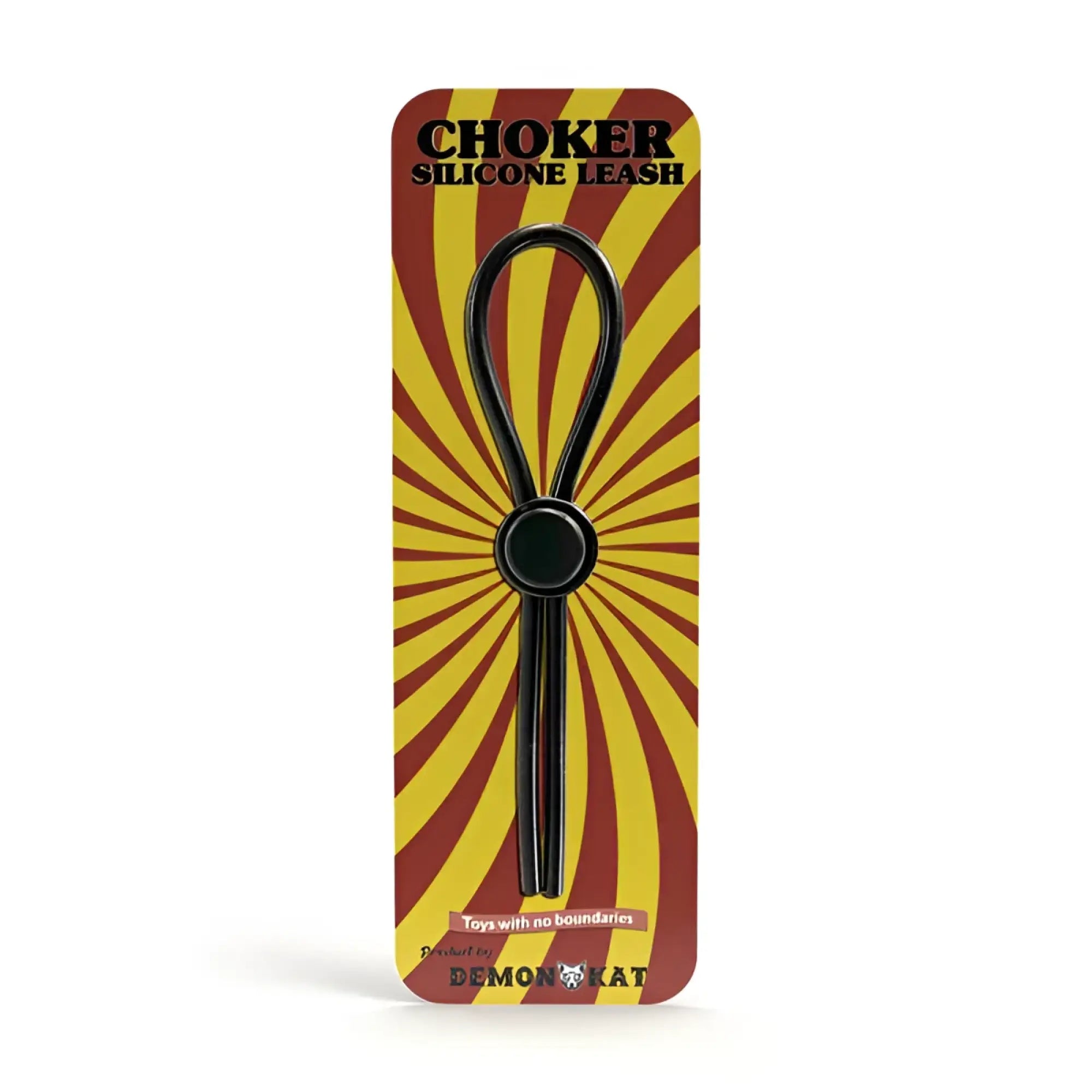 Black silicone choker leash with central ring packaged in red and yellow sunburst design for stylish wear