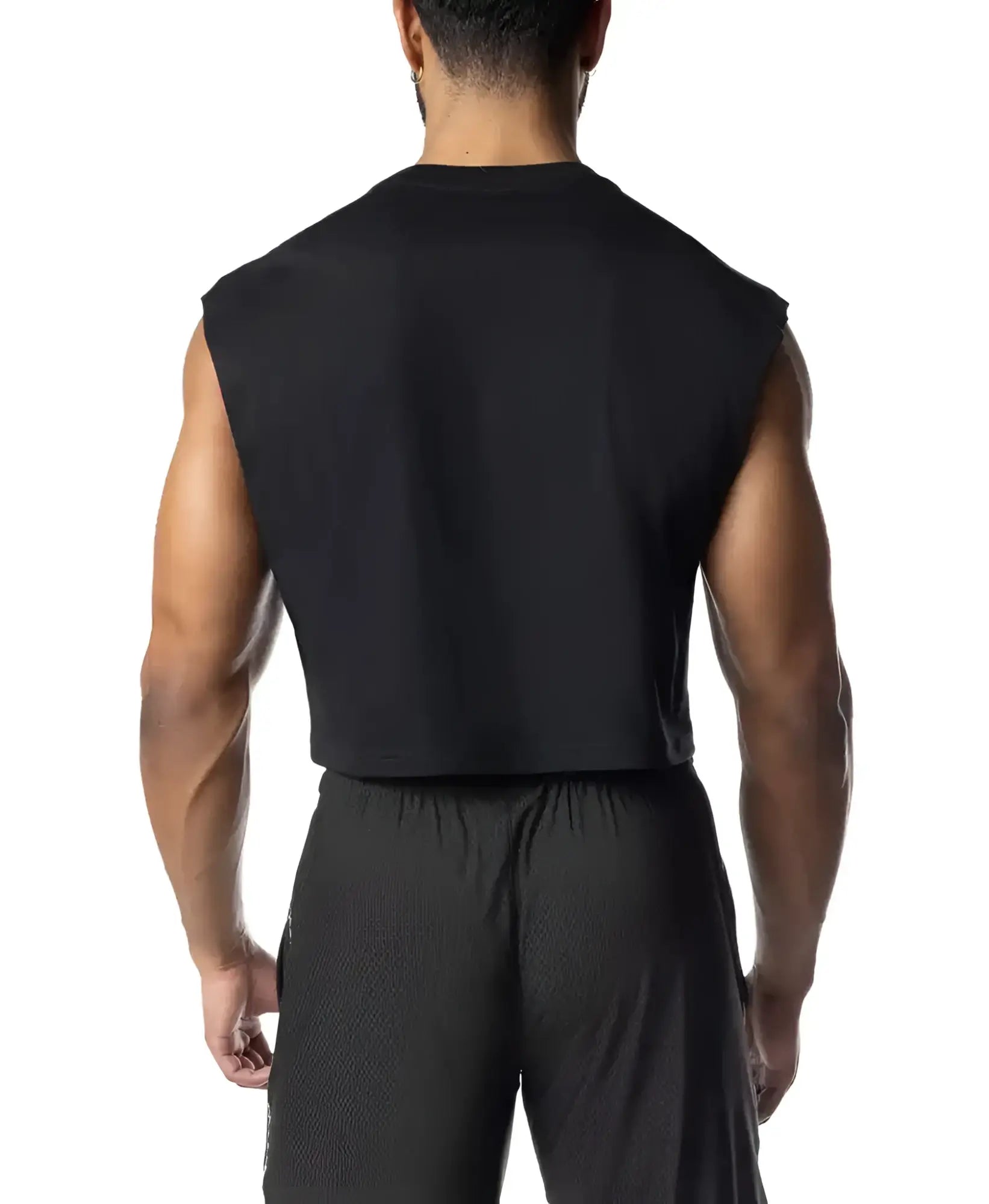 Black sleeveless chrome crop top with fitted athletic cut designed for active wear and casual style