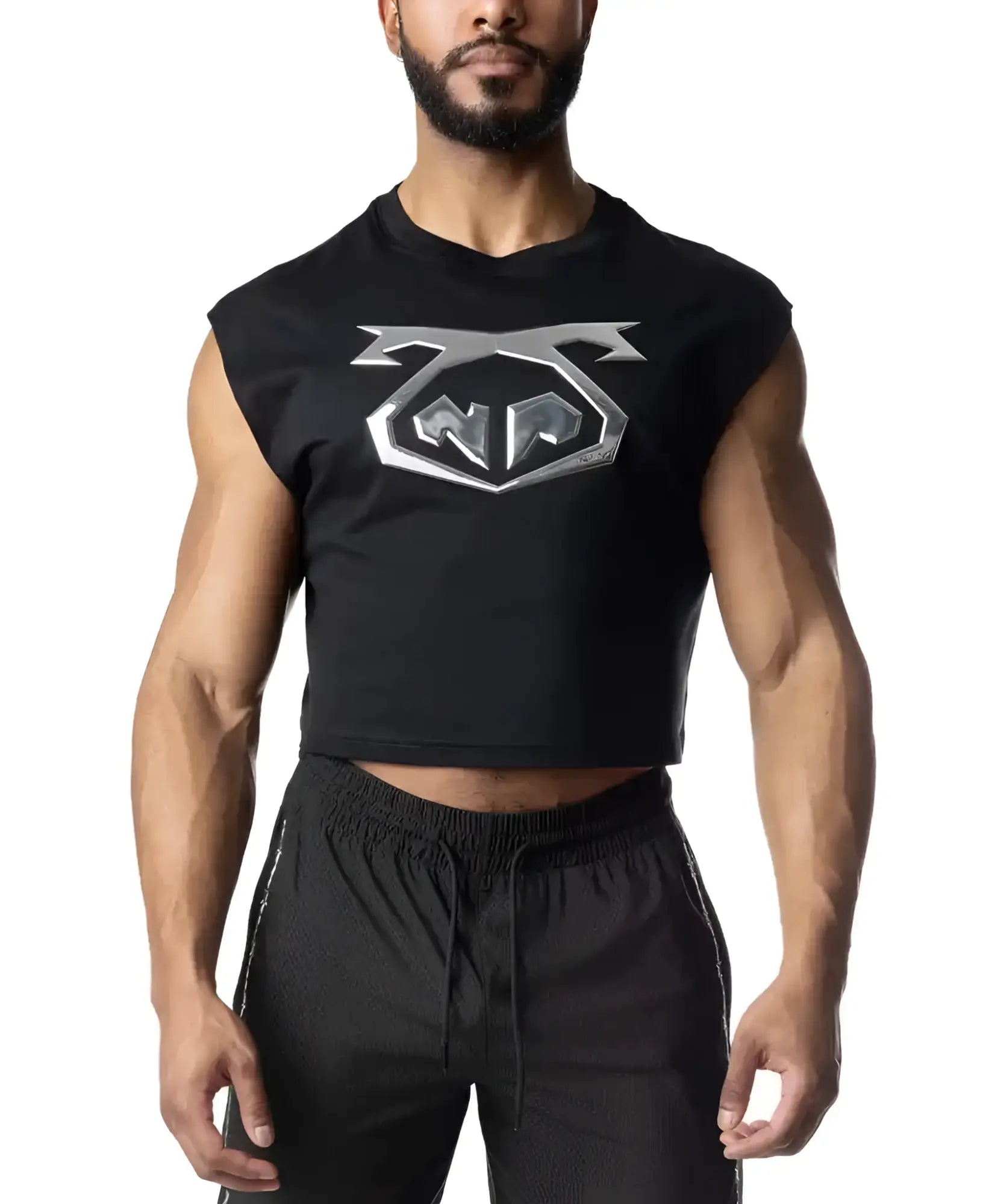 Black sleeveless crop top with a prominent silver metallic chrome logo on the chest for casual wear