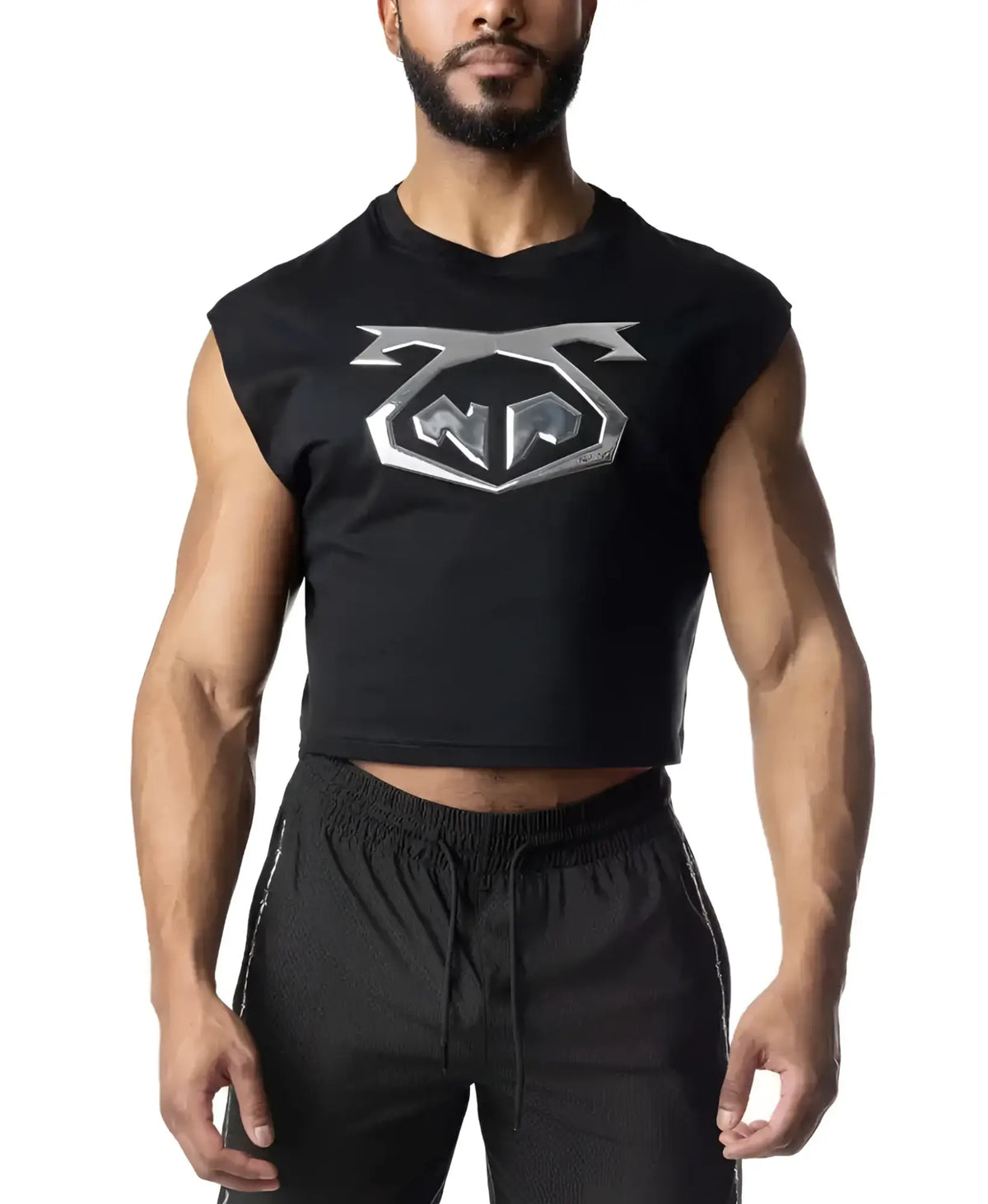 Black sleeveless crop top with a prominent silver metallic chrome logo on the chest for casual wear