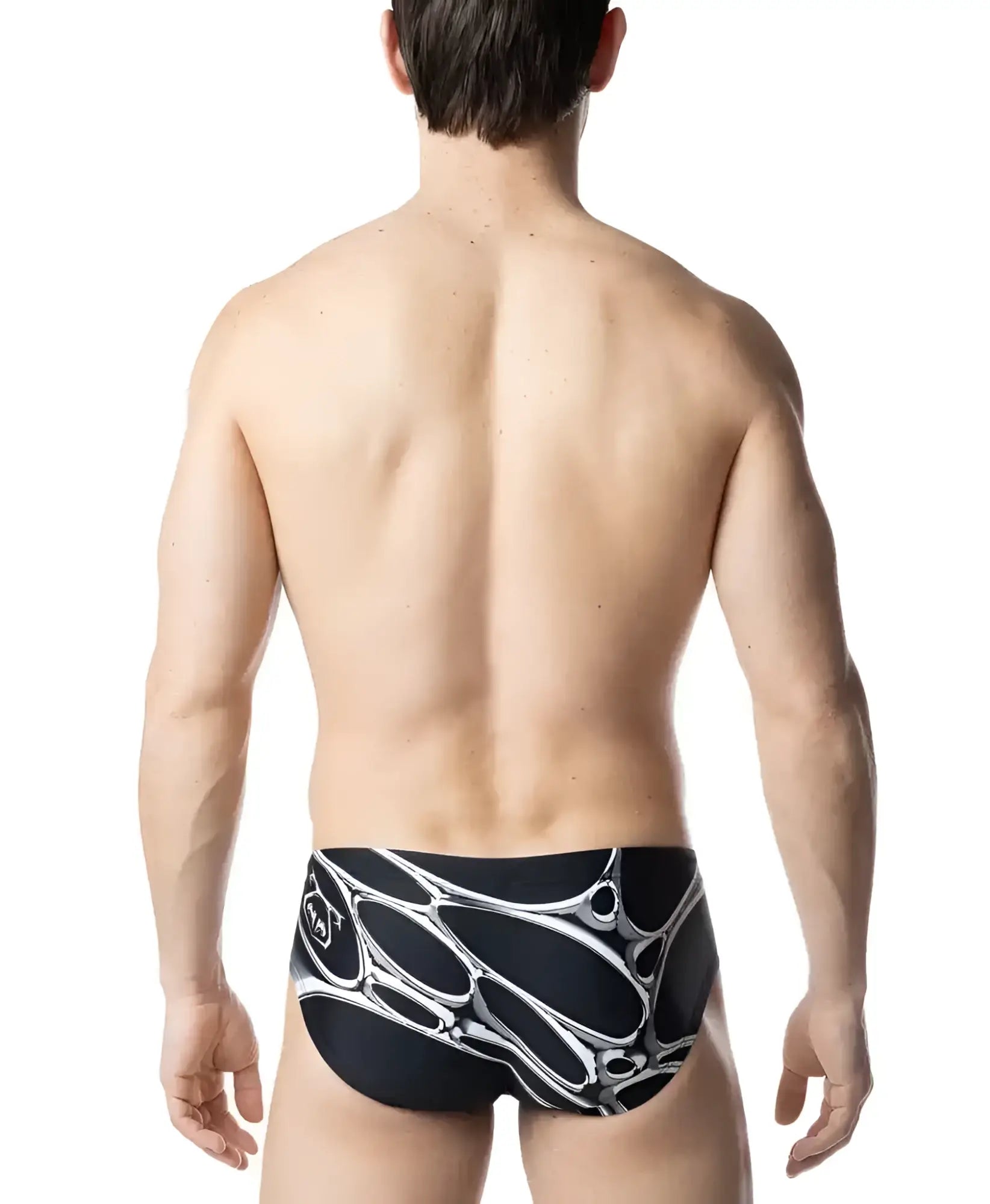 Black chromium bikini swim trunks with bold white abstract interconnected organic pattern