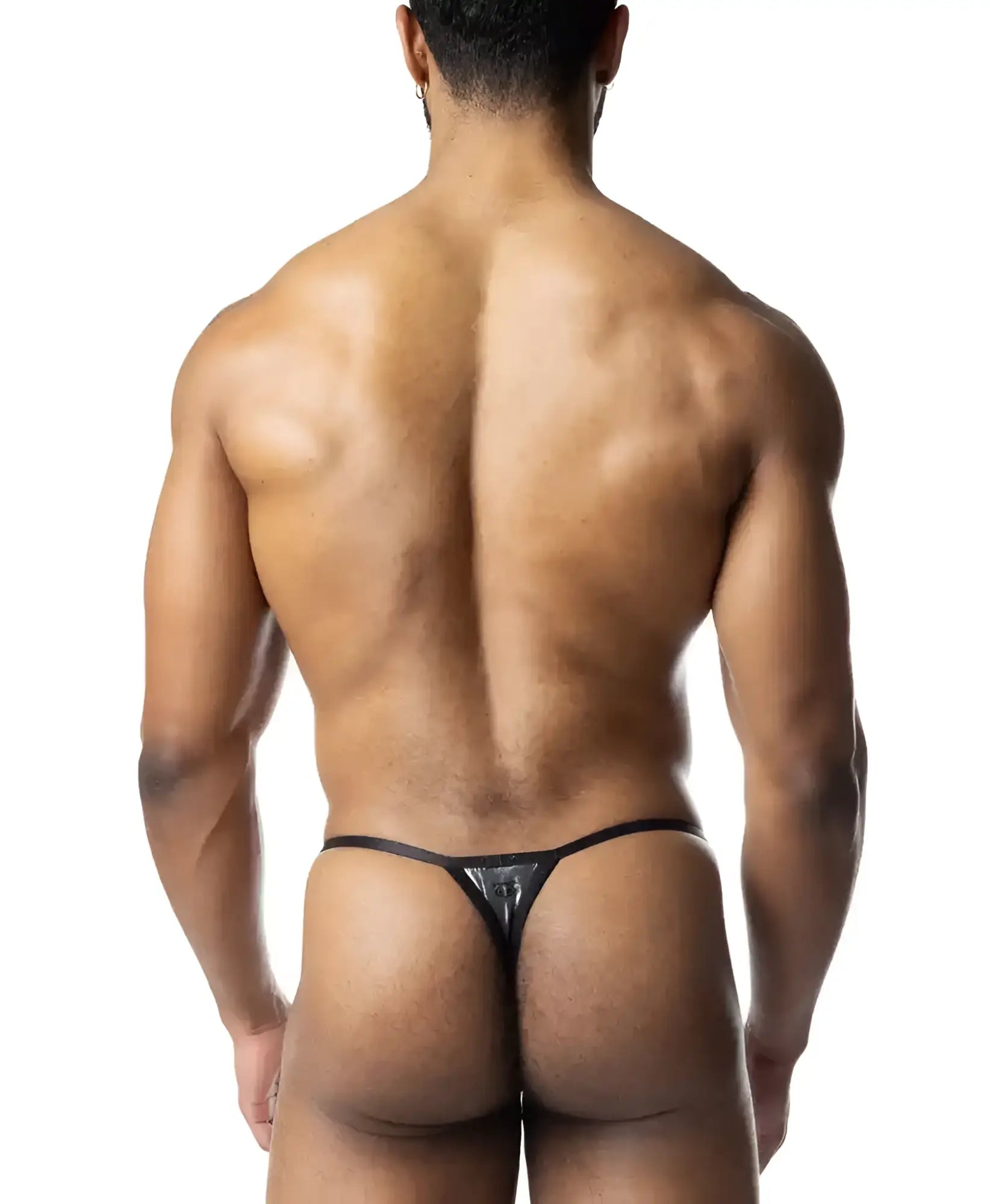 Black shiny metallic thong with a sleek minimalist design called chromium thong visible from the front side