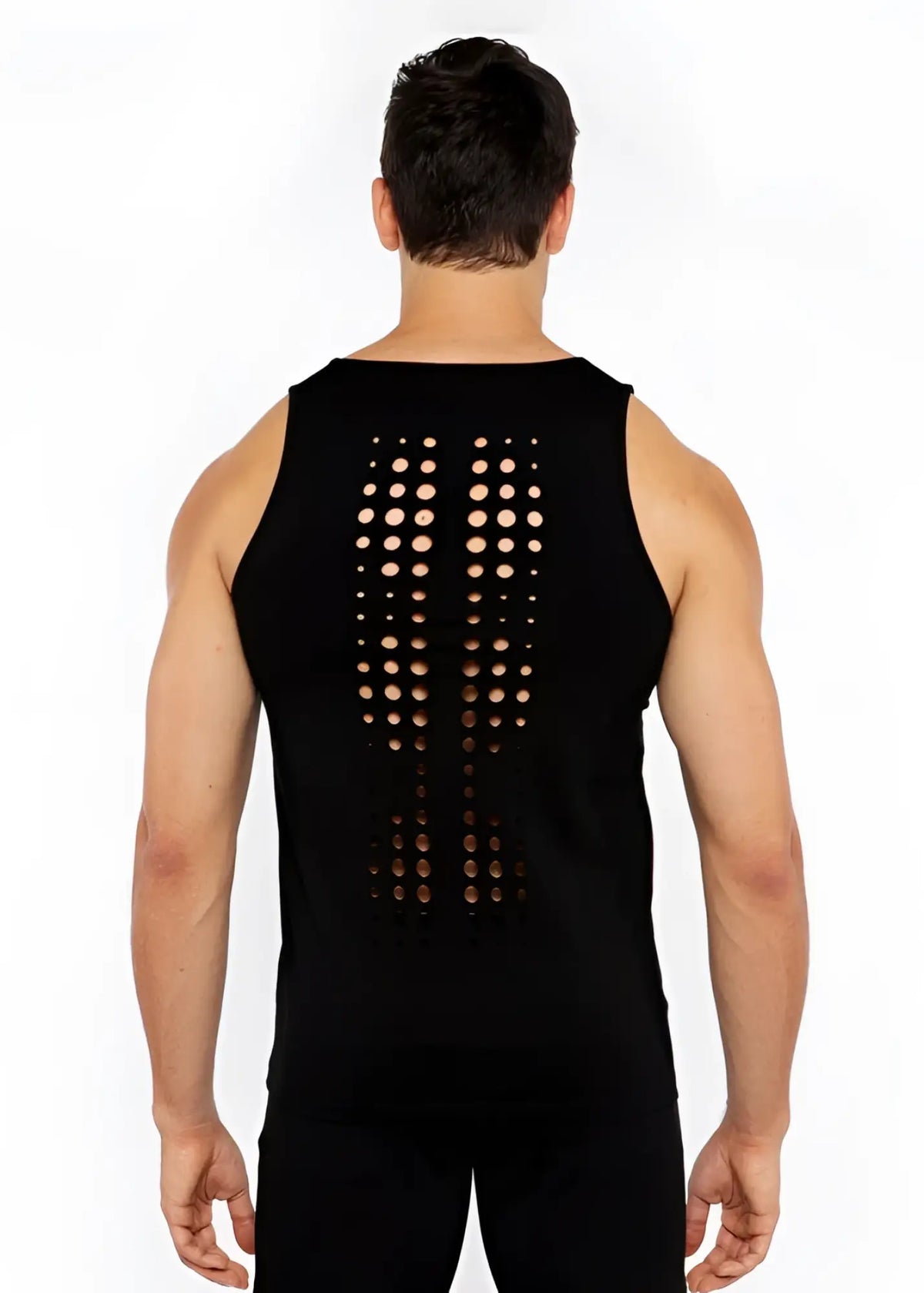 Black sleeveless circle spine laser cut stretch jersey tank showing circular perforations down the back