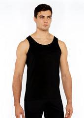Black sleeveless circle spine laser cut stretch jersey tank top with rounded neckline and form-fitting fabric
