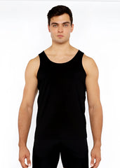 Black sleeveless tank top with circle spine laser cut detail made of stretch jersey fabric for comfortable wear