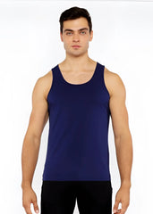 Navy blue sleeveless tank top in stretch jersey with circle spine laser cut detail for comfortable wear