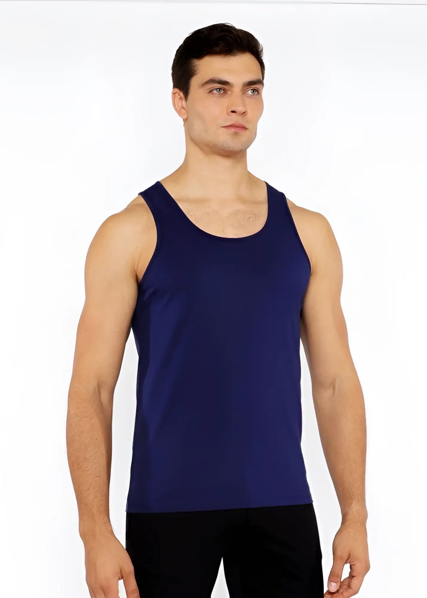 Navy blue sleeveless circle spine laser cut stretch jersey tank top shown from the back side