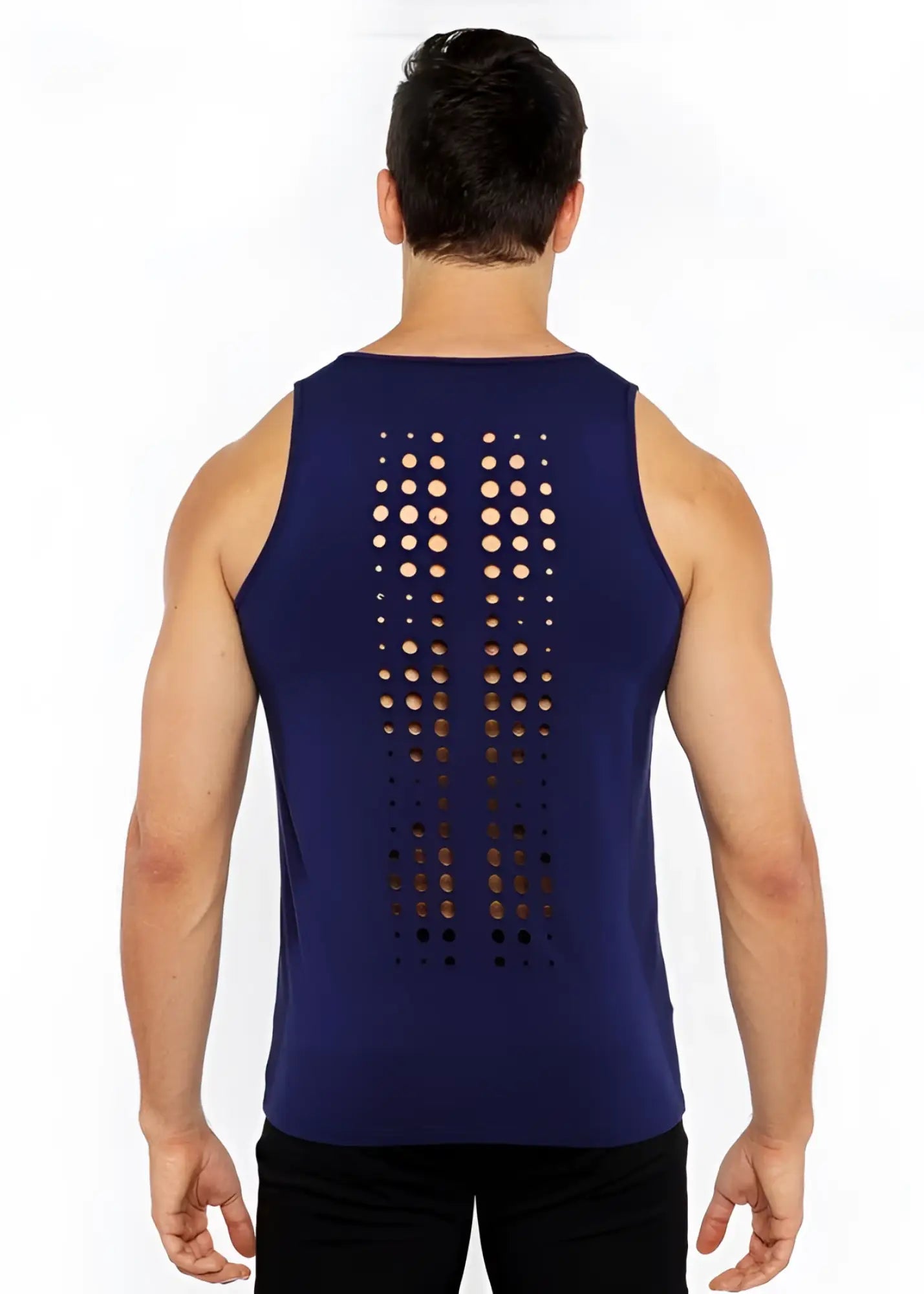 Navy blue circle spine laser cut stretch jersey tank showing back side with vertical circular cutouts down the spine