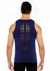 Navy blue circle spine laser cut stretch jersey tank showing back side with vertical circular cutouts down the spine