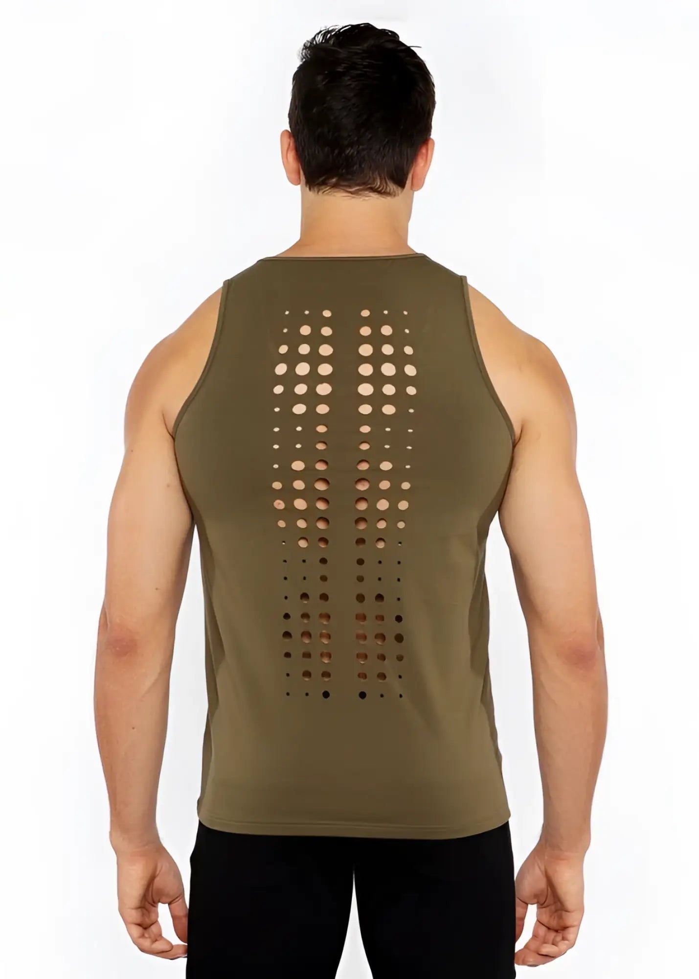Back view of olive green circle spine laser cut stretch jersey tank top with circular perforations down the back