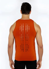 Back view of an orange sleeveless circle spine laser cut stretch jersey tank with perforated dot pattern