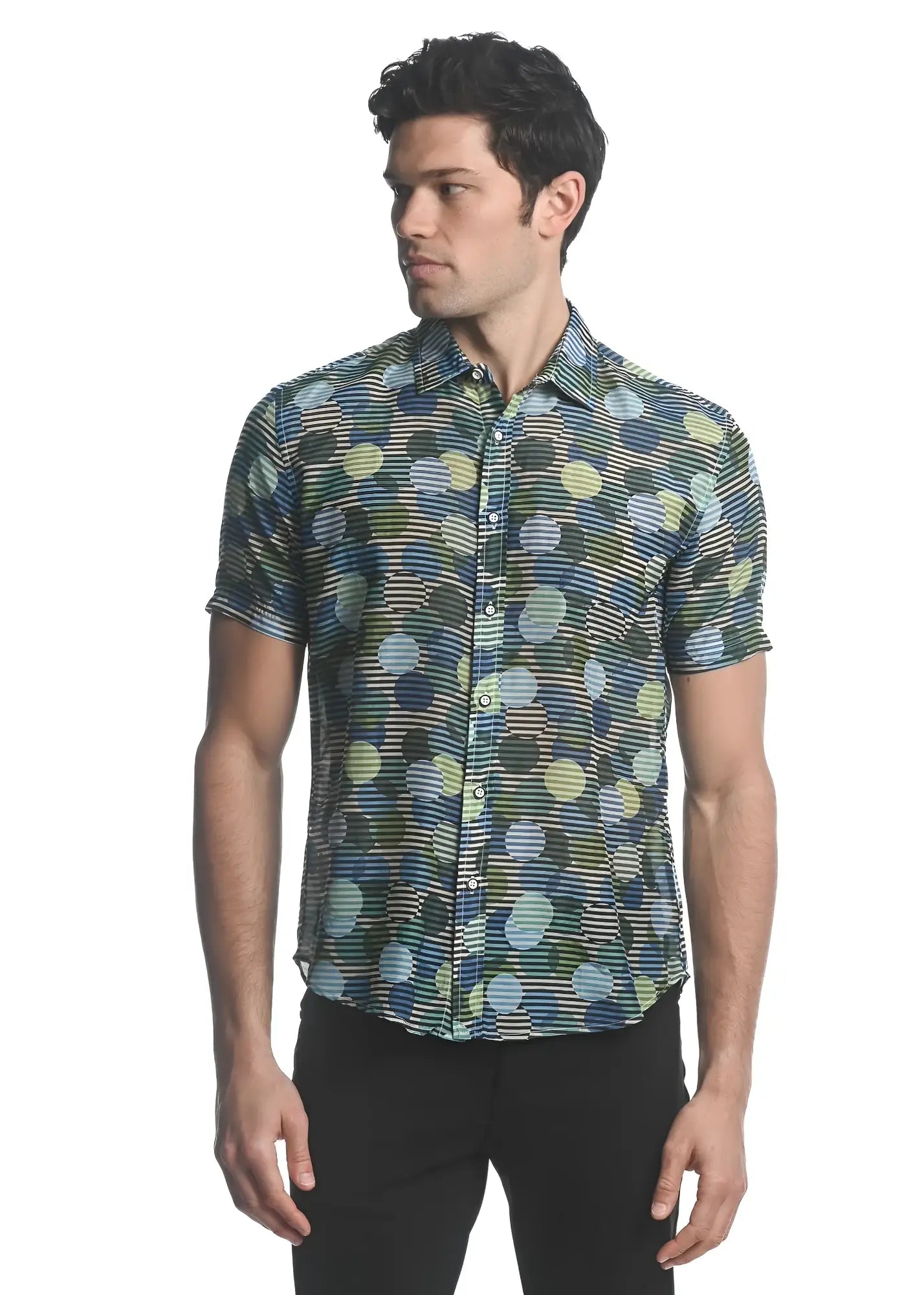 A men’s short-sleeved cotton silk shirt with vibrant green blue and yellow circle pattern on dark fabric