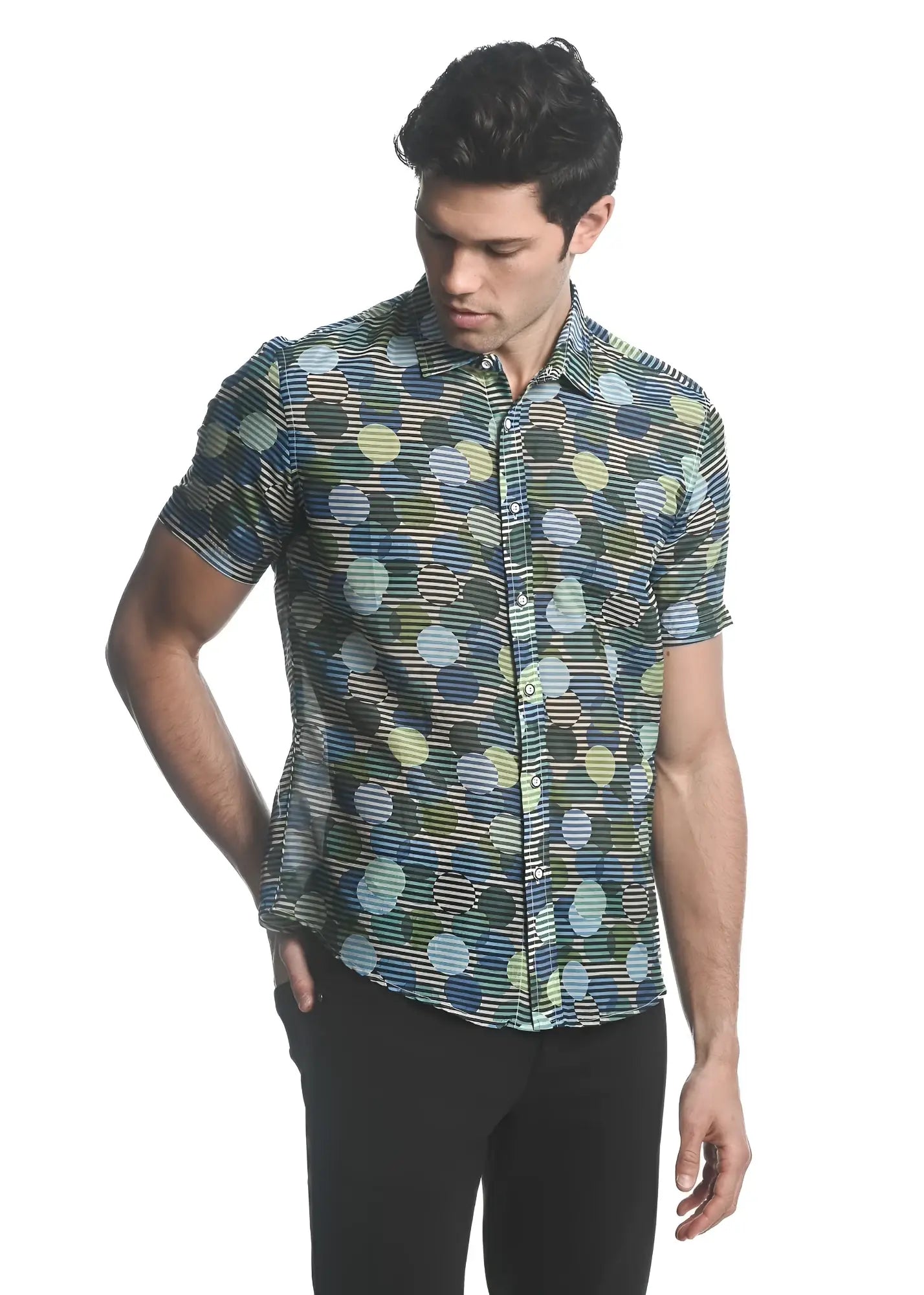 A men’s short-sleeved cotton silk shirt with a vibrant blue green yellow circle pattern on dark fabric