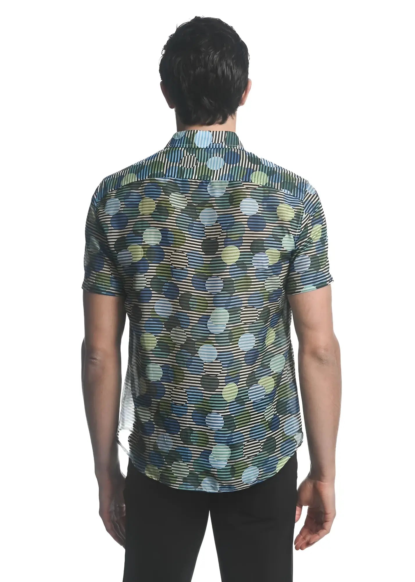 Circles cotton silk s s woven shirt with vibrant blue green and beige overlapping circle pattern on striped base