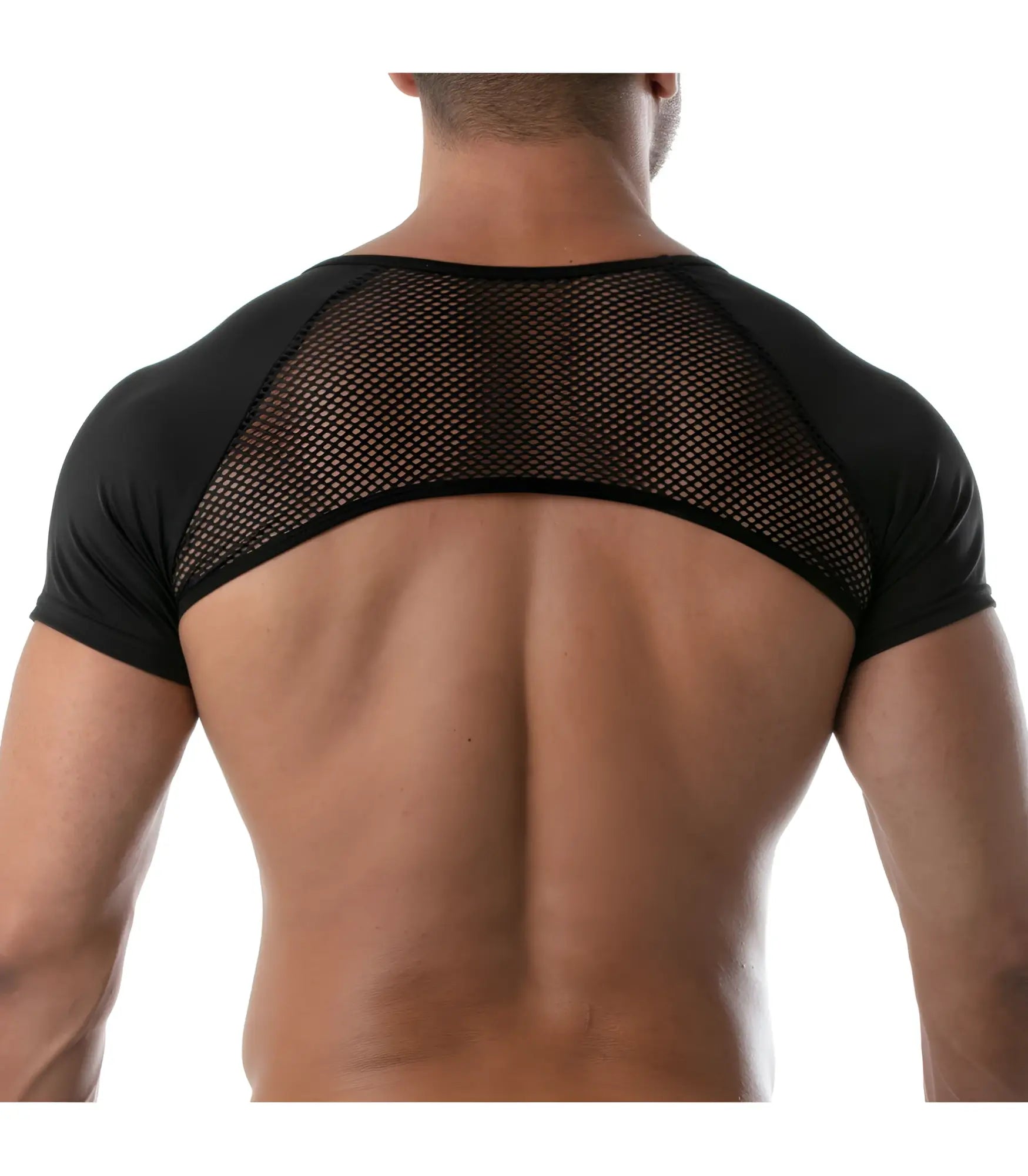 Black mesh shoulder panel short sleeve top circuit mesh full harness with solid fabric sleeves and neckline