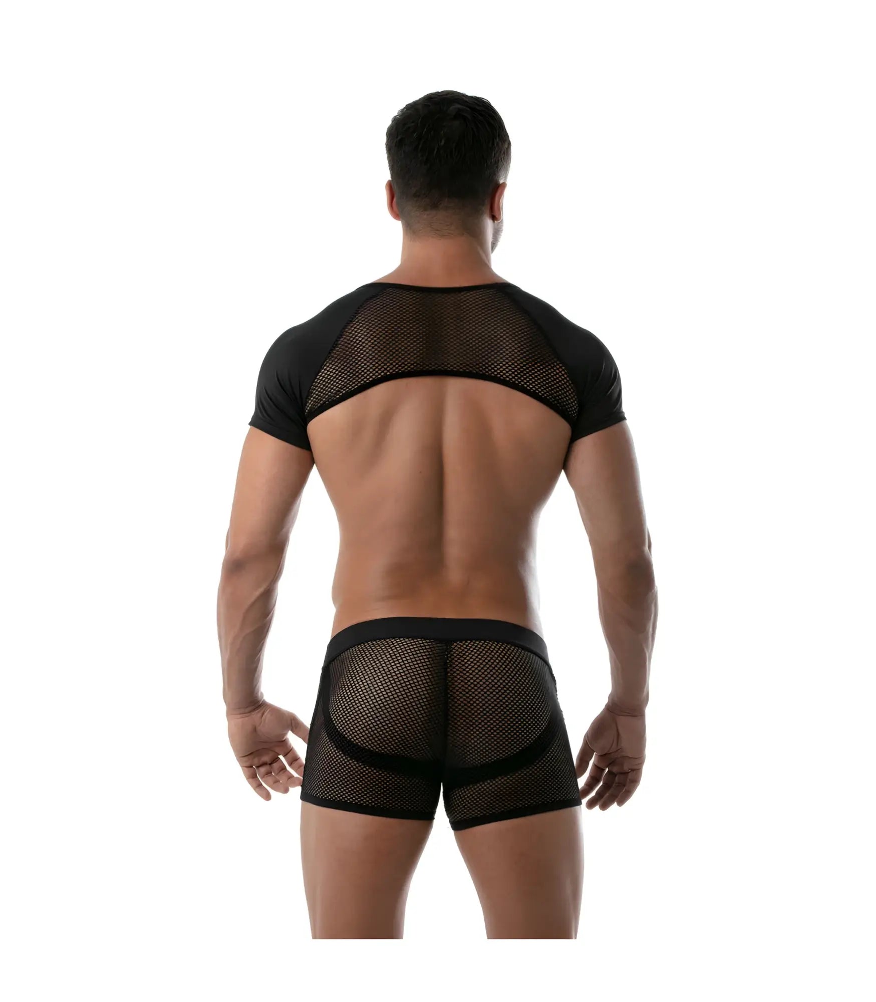 Black mesh two-piece men’s underwear set circuit mesh full harness with short sleeves and briefs front view