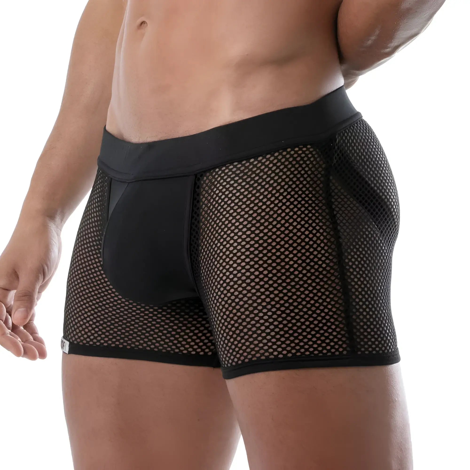 Circuit mesh jockshort black mesh boxer briefs with solid black waistband and reinforced side panels front view