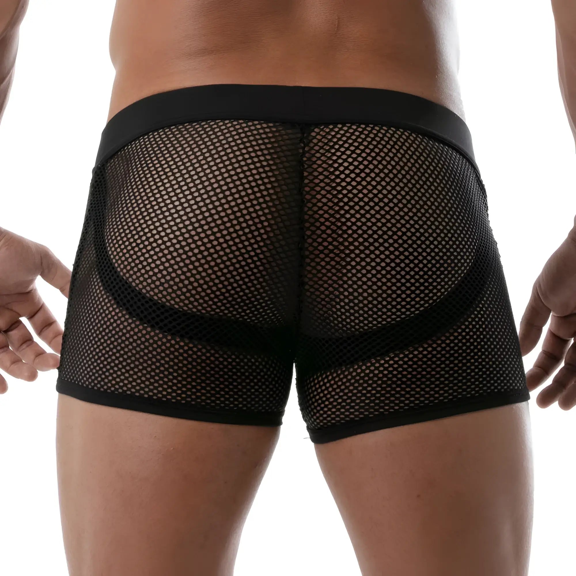 Black circuit mesh jockshort briefs with black mesh fabric and solid waistband and leg openings shown from the back