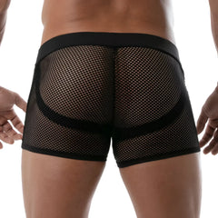 Black circuit mesh jockshort briefs with black mesh fabric and solid waistband and leg openings shown from the back