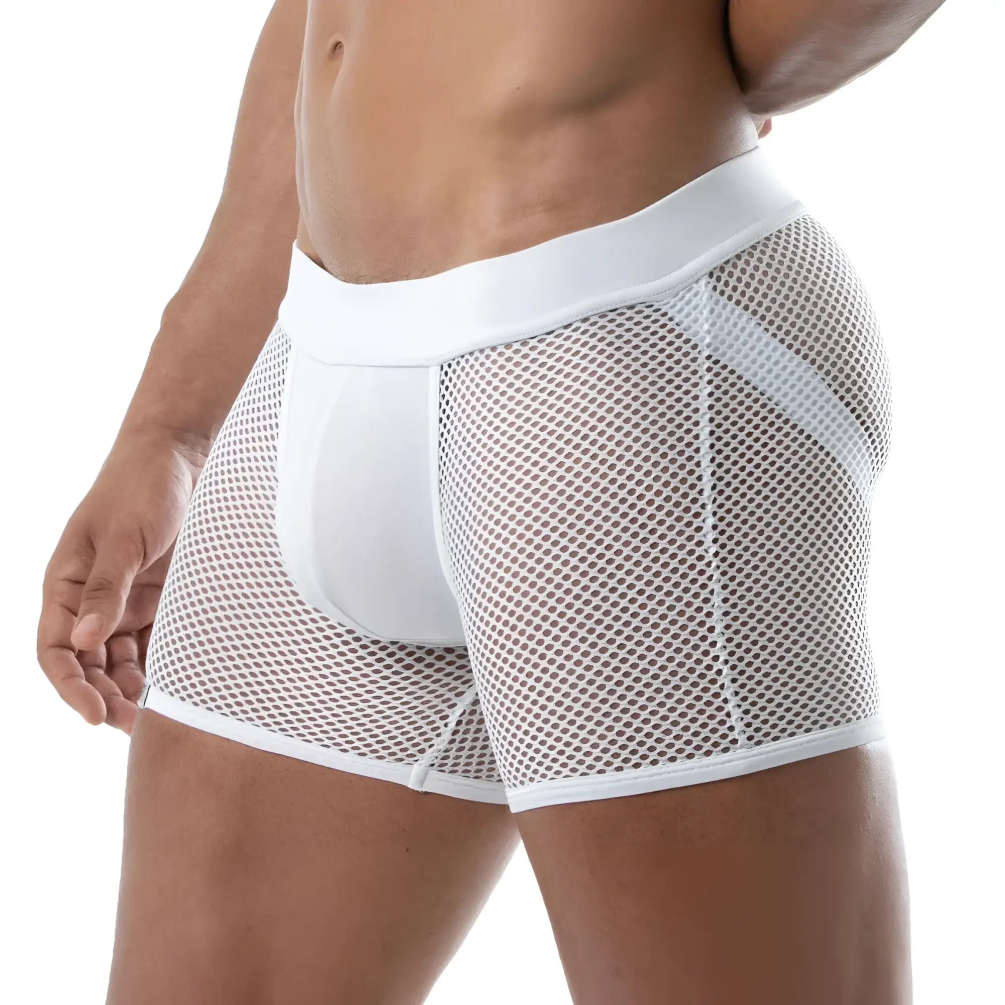 White mesh circuit mesh jockshort boxer briefs with solid white waistband and leg openings in front view