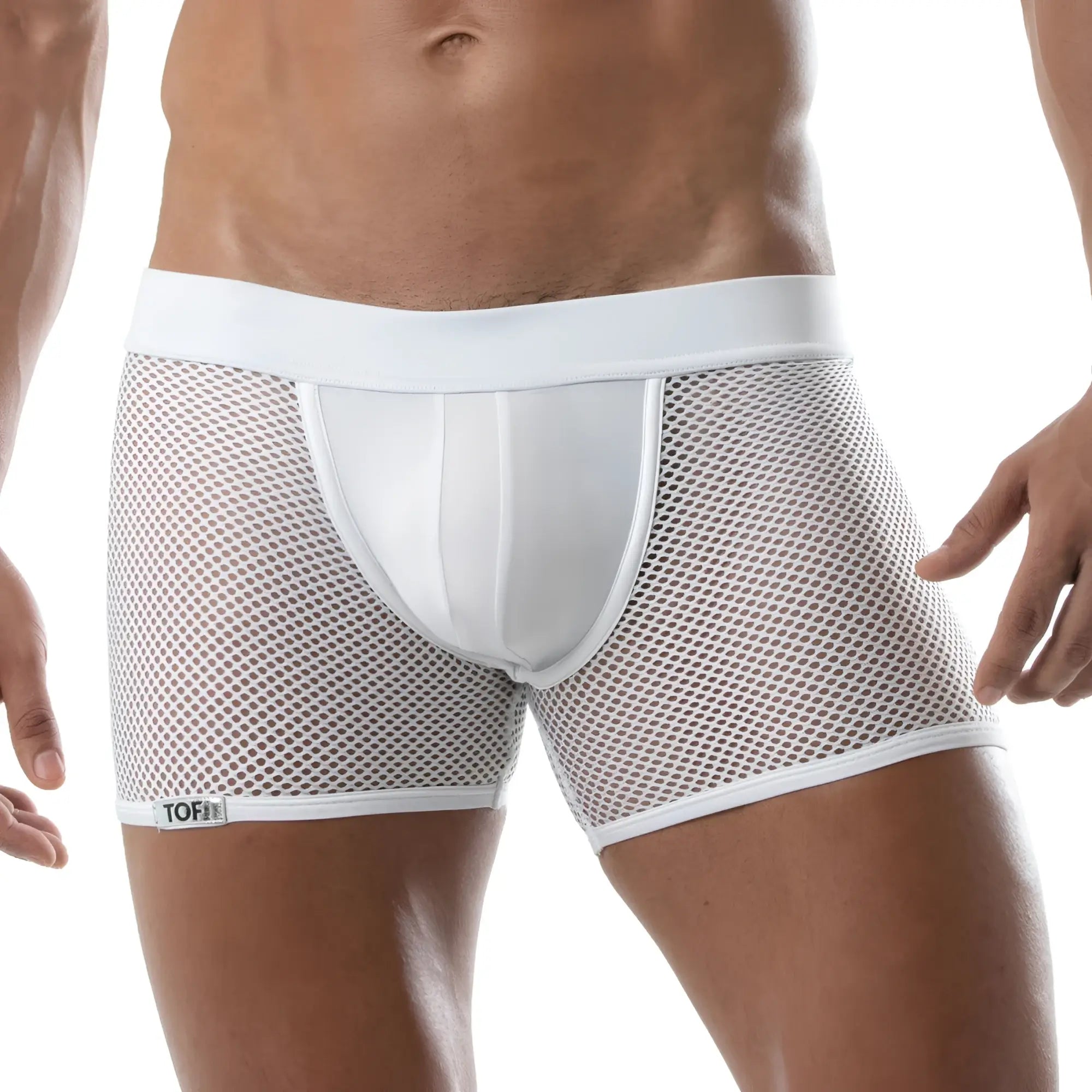 White circuit mesh jockshort briefs with solid white front panel and waistband featuring tofi brand label on leg