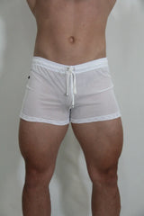 White mesh swim trunks with a drawstring waistband from circuit mesh short available in four colors