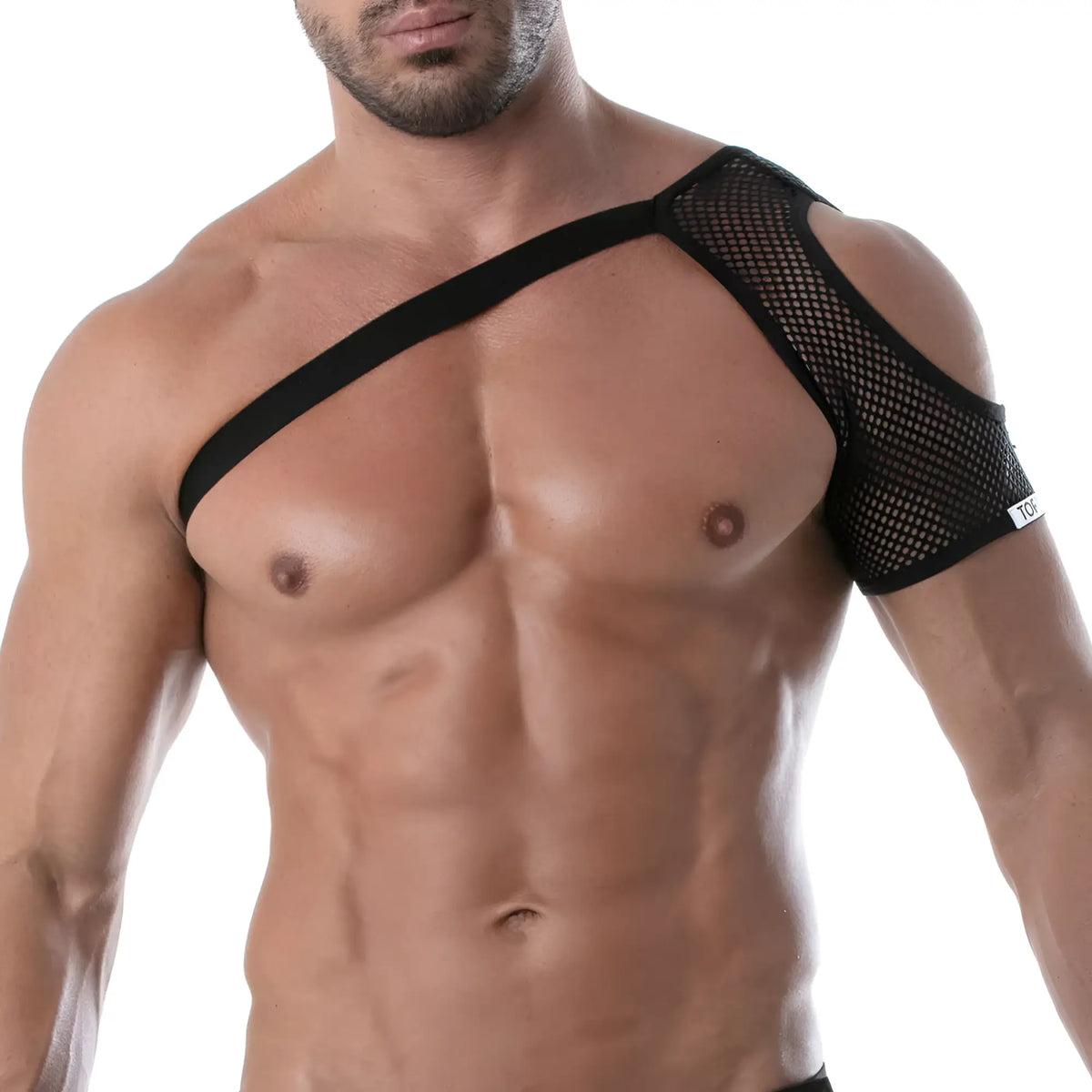 Black mesh shoulder harness with solid black strap showing breathable support design