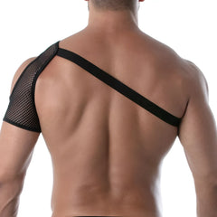 Black mesh shoulder harness with solid strap showing breathable mesh material and adjustable support design